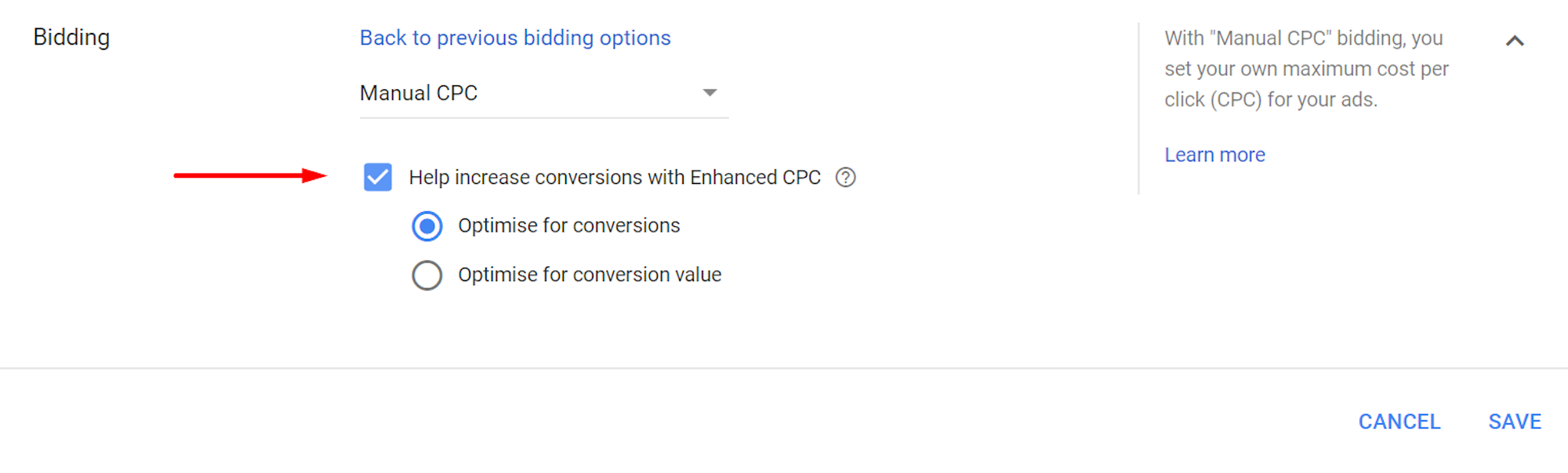 Enhanced CPC bidding: Google Ads