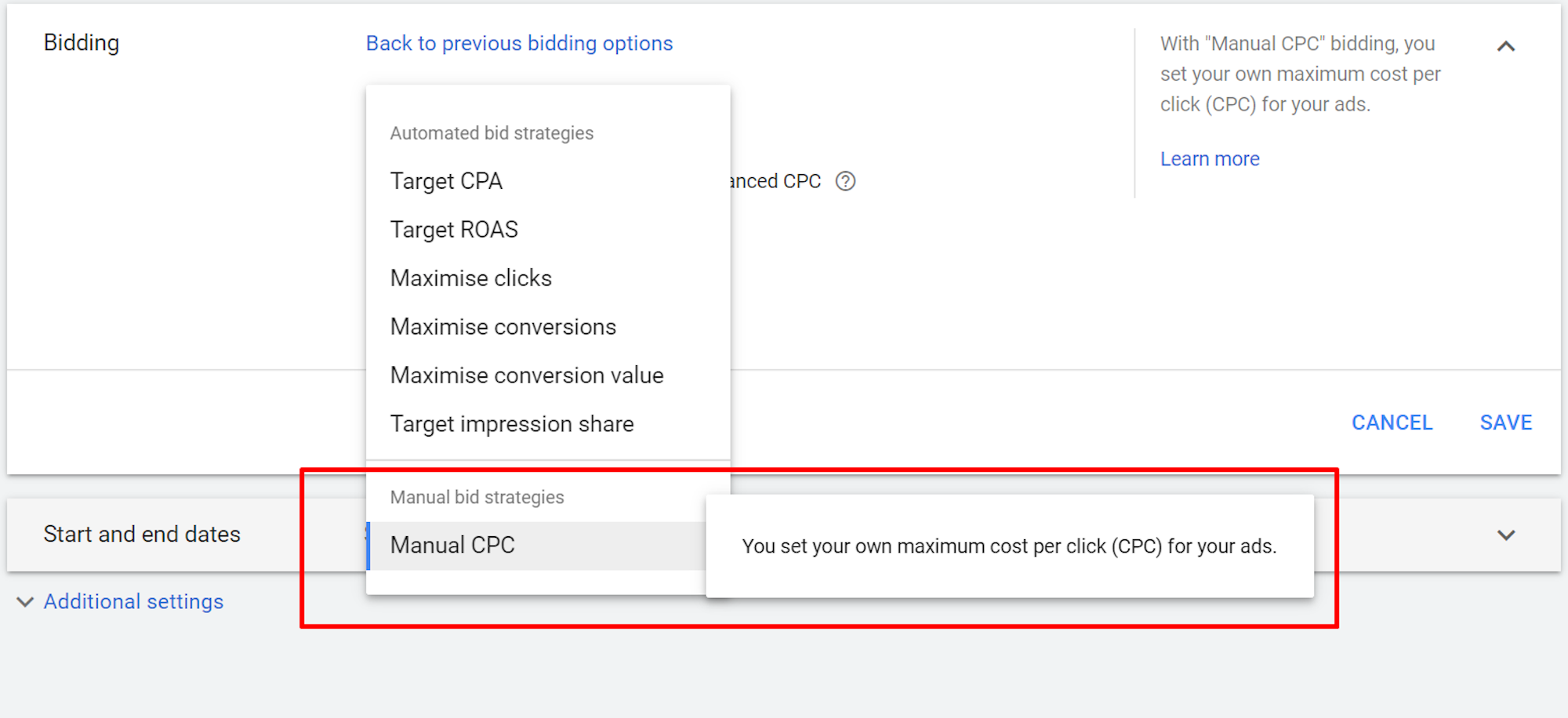 Manual CPC bidding strategy: Google Ads