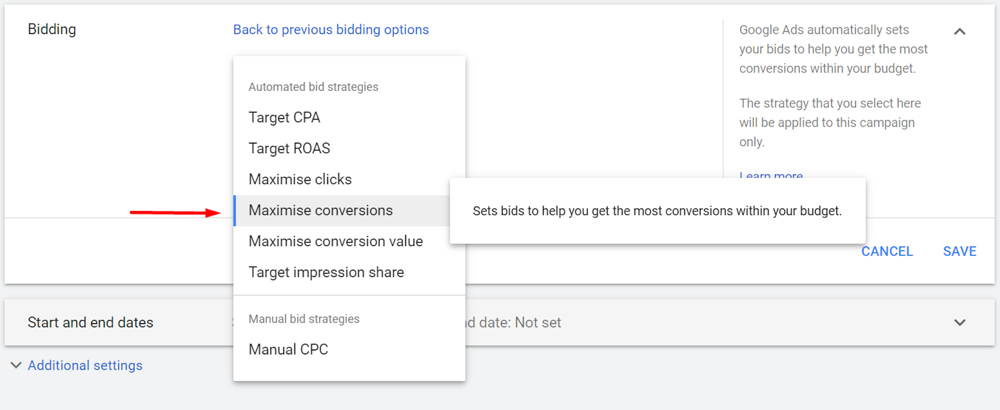 Maximise conversions: Google Ads