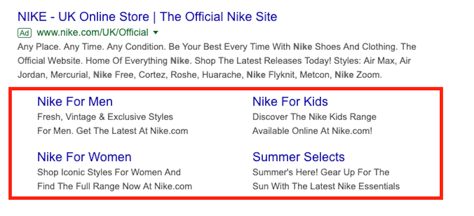 Nike site links on Google search results page