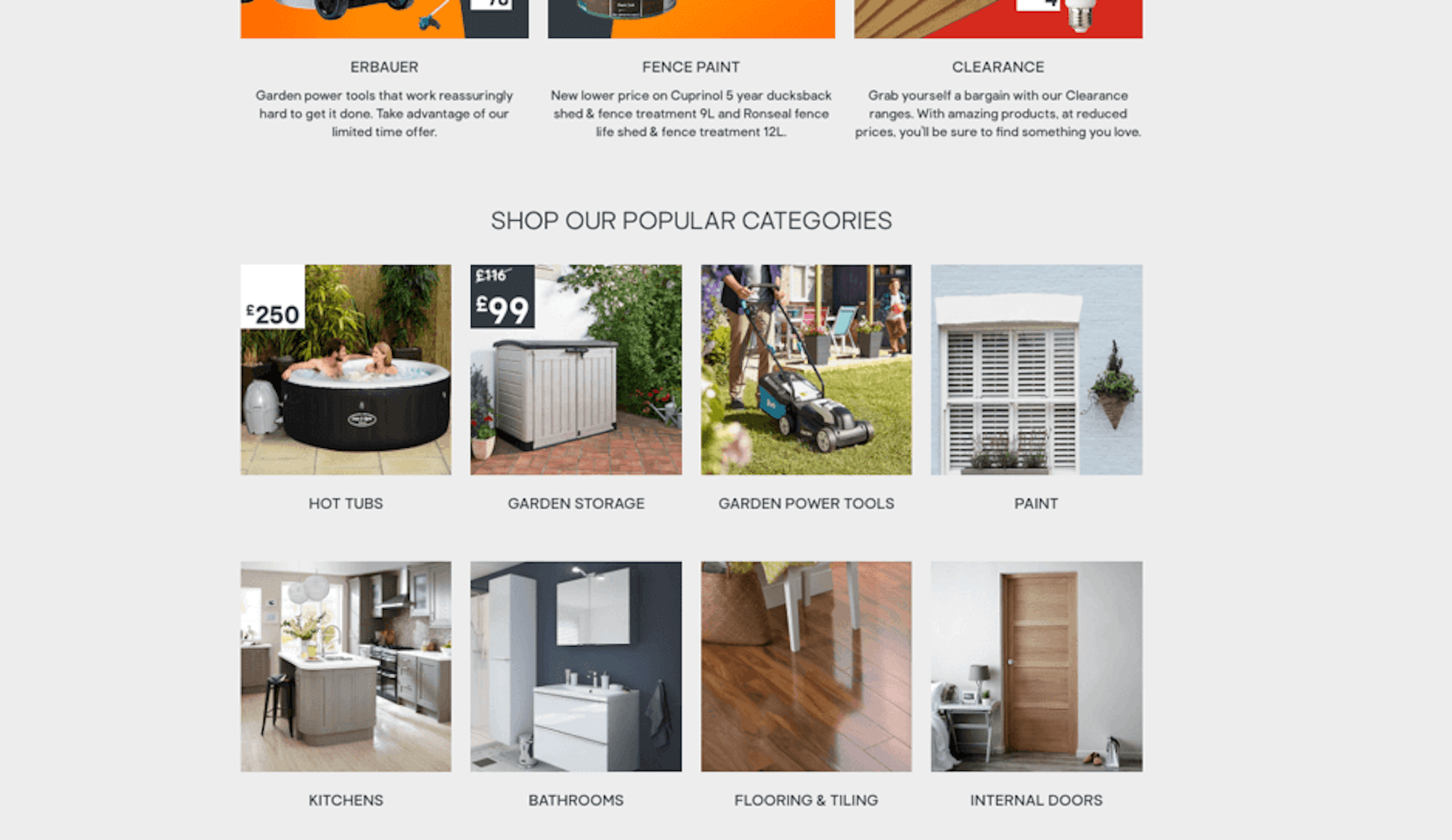 B&Q's home page. Prioritieses categories well.