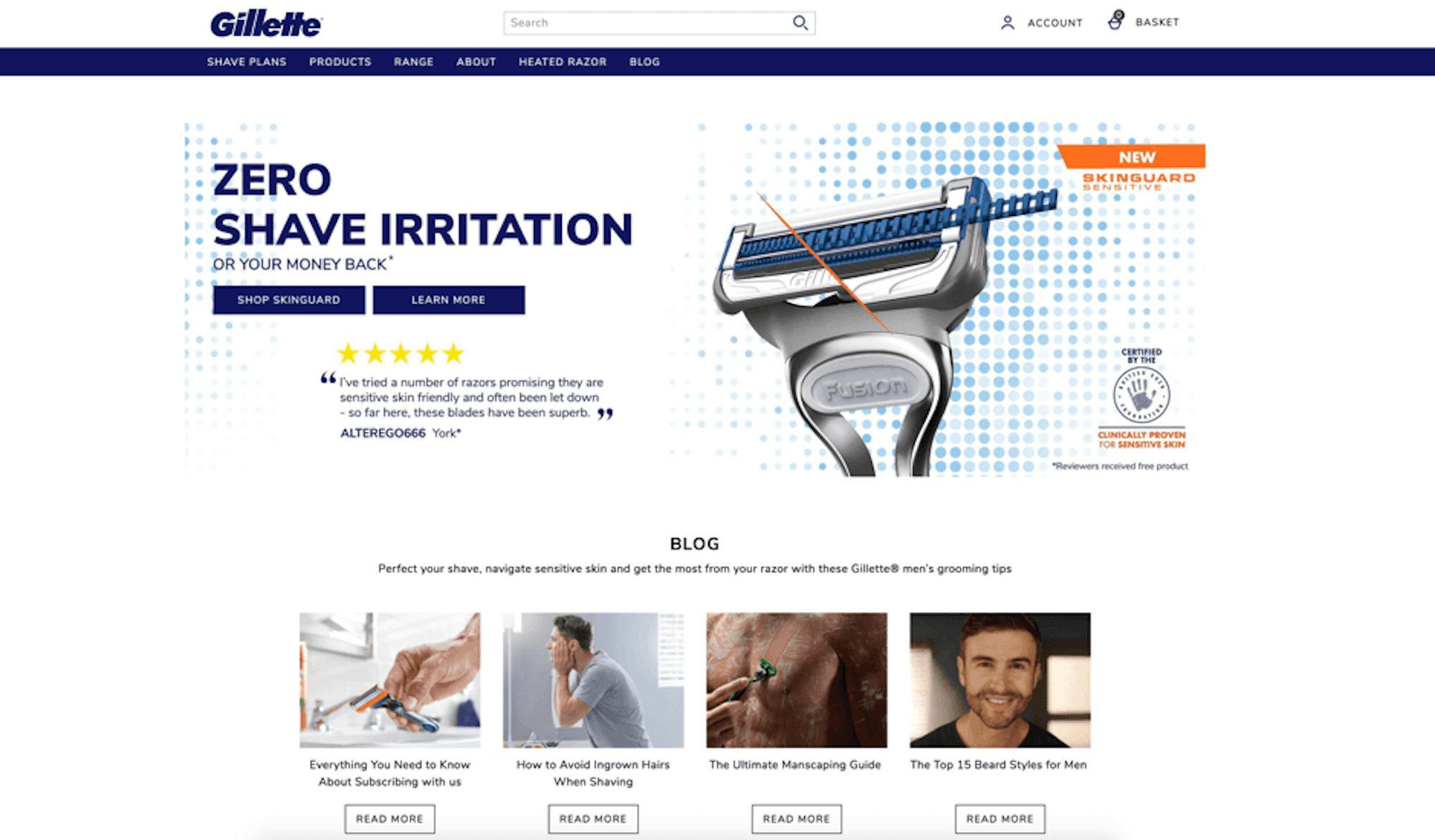 Gillette's home page. A testimonial and rating is displayed to tick the social proof box nicely.