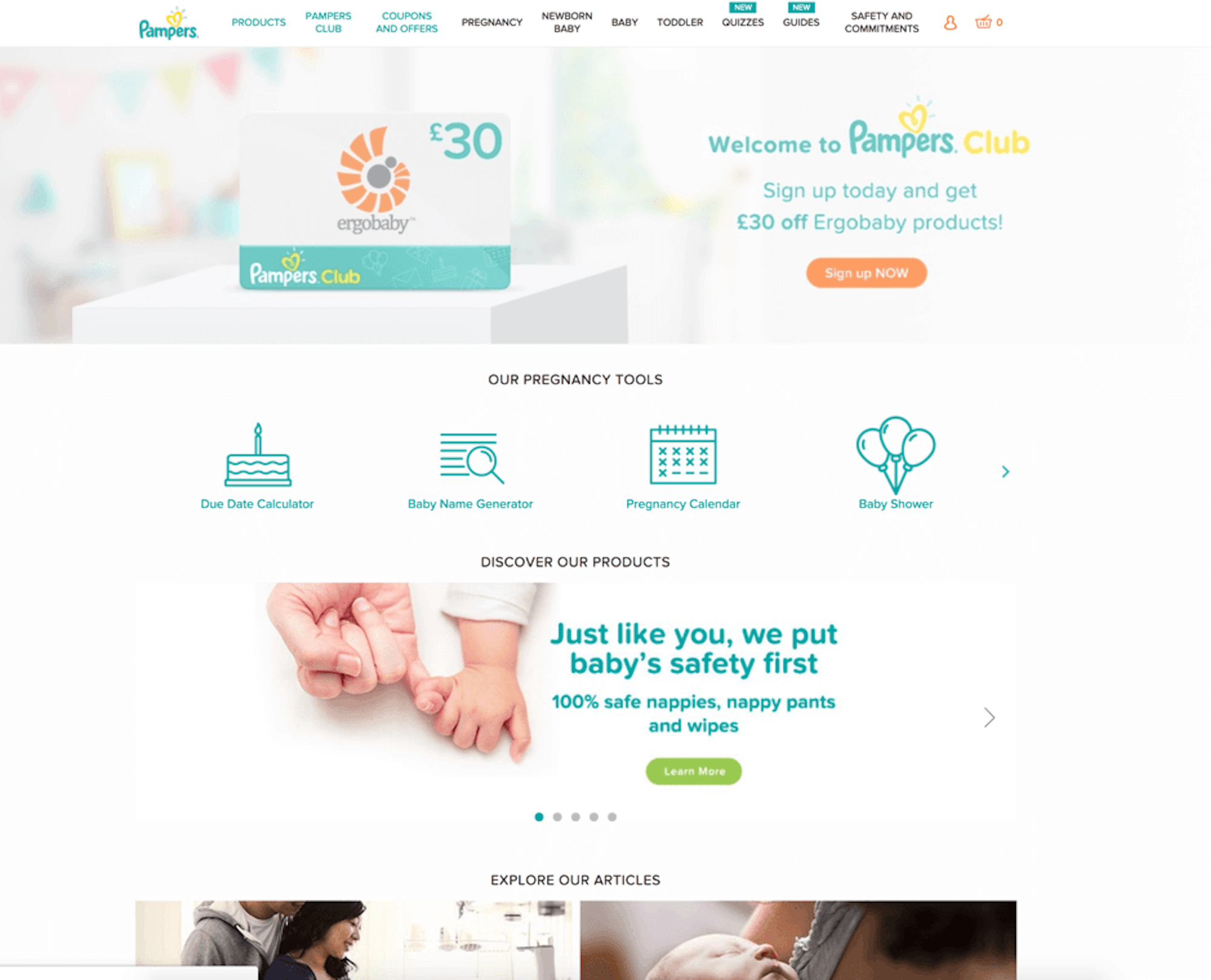 Pampers' home page. Displays recent activity in two separate ways. An active campaign/offer in the banner and recent articles just above the fold of the page.