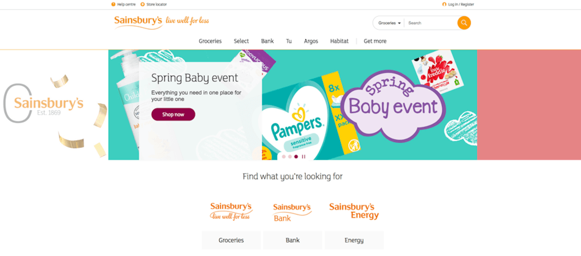 Sainsbury's home page. Offers 3 quick links into areas so user can get to where they need immediately.