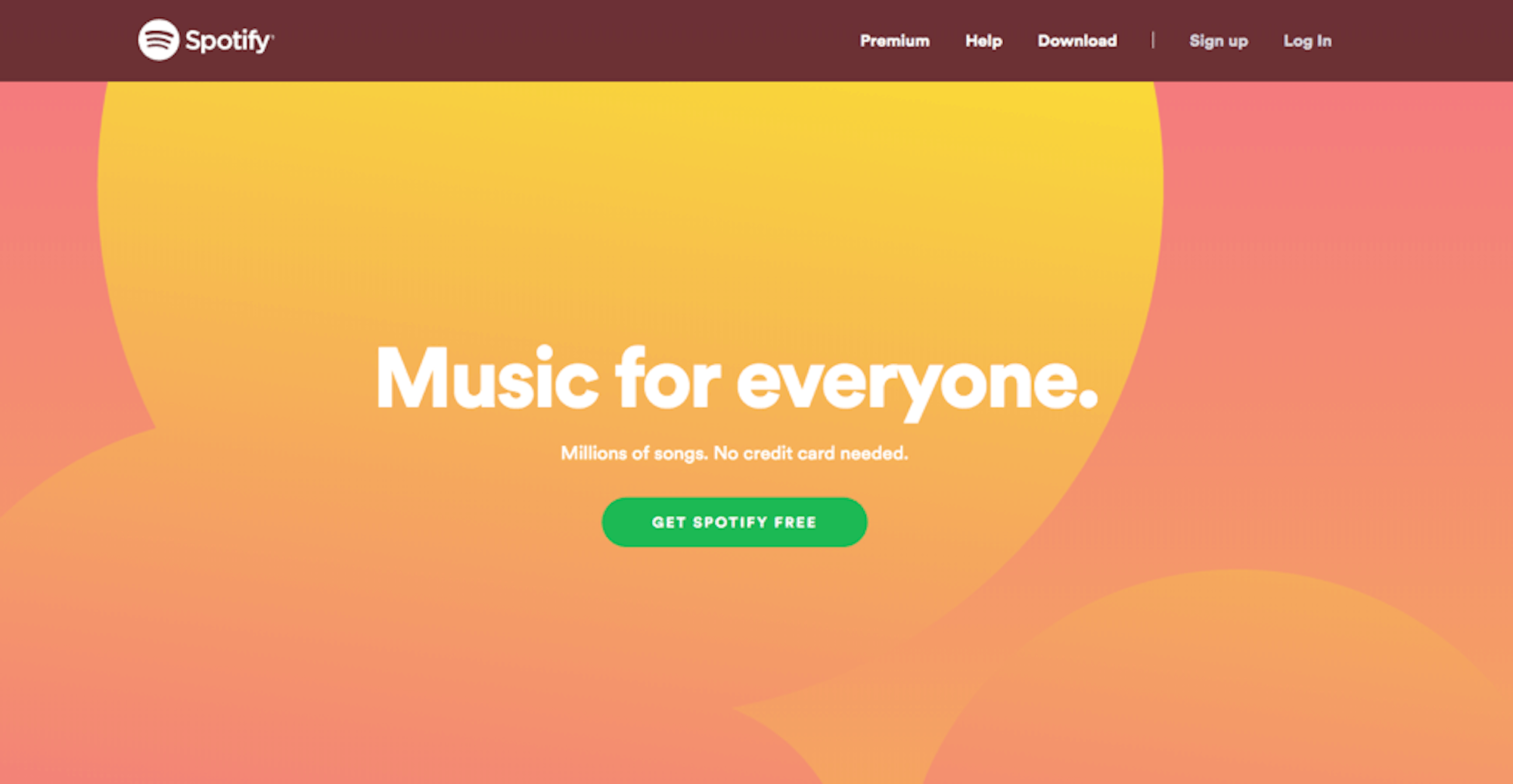 Spotify's home page. The headline and value proposition grabs the audience's attention immediately, with no other distractions. Describes what they offer perfectly in very few words.