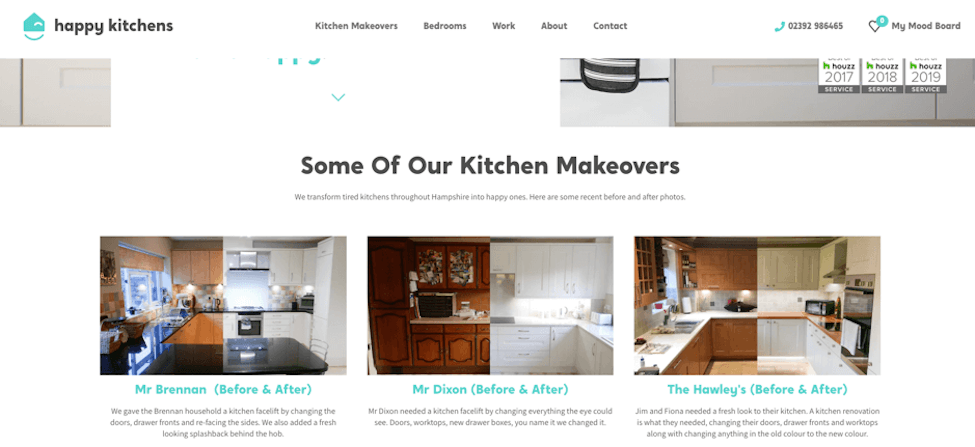 Happy Kitchens' home page. Case studies are used to establish brand credibility. Designed by Bigger Picture.