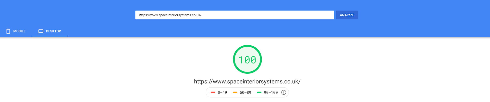 Space Interior Systems 100/100 page speed