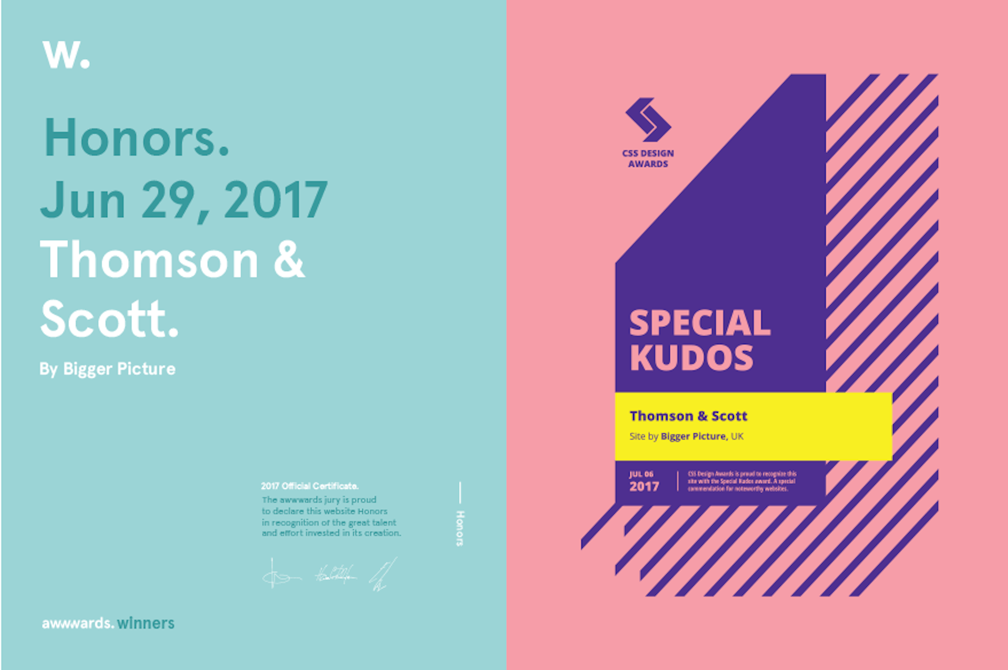 Design awards: Honourable Mention, Awwwards. Special Kudos, CSS Design Awards.