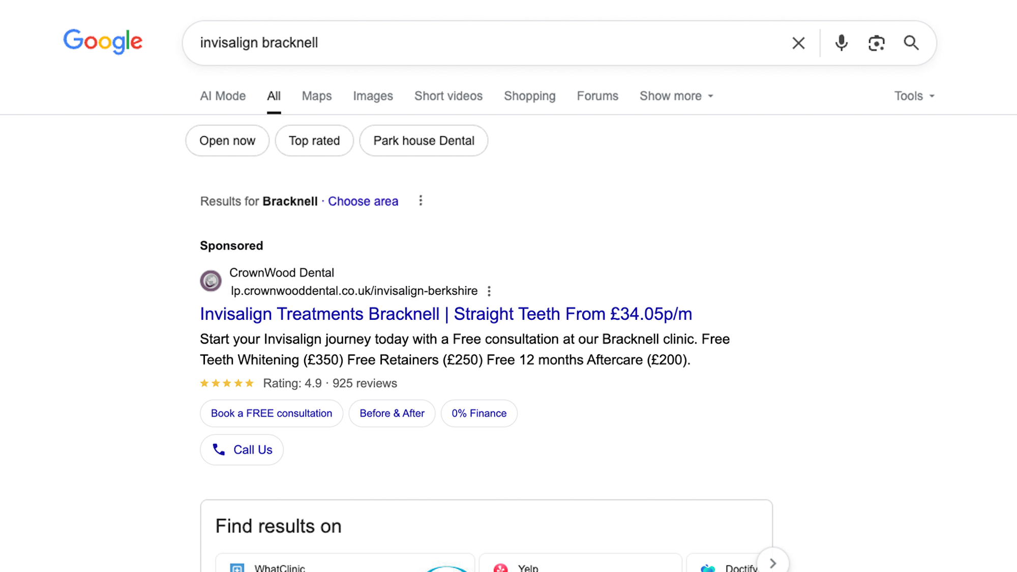 CrownWood Dental Google Ads result