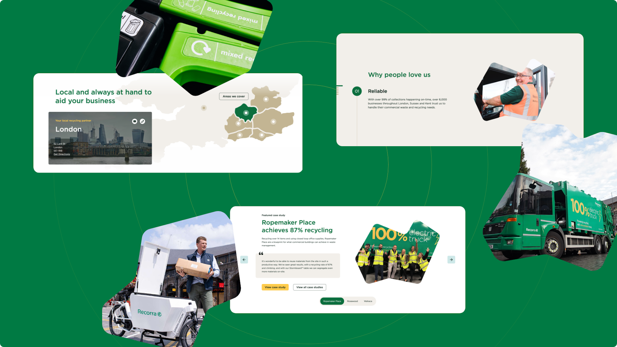 Montage of Recorra website sections and image shape